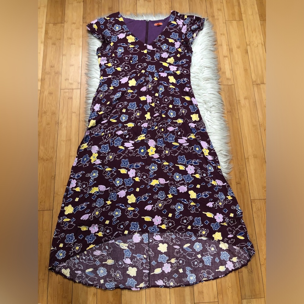 Modcloth Floral Print Flowy Chiffon Hi Low Yellow Plum Purple Maxi Dress size XL